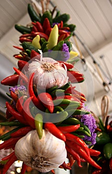 Peppers, Garlic, and Flowers Hanging in Market