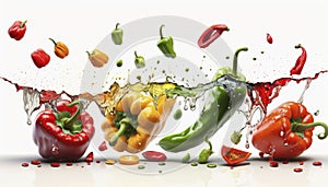 Peppers, green yellow, red, falling into water, on a white background.