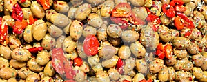 Peppers oregano olives with olive oil typical of the Mediterrane