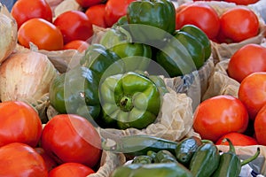 Peppers, Tomatoes, and Onions at a Farmer's Market