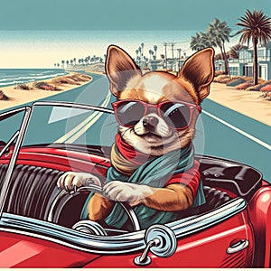 Peppo the chihuahua dog driving a cabriolet car in california funny illustration