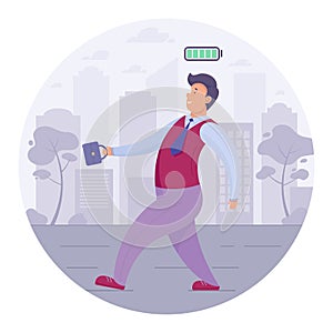 Peppy office worker walks through the city. Happy man with the briefcase. Flat character. Cute cartoon. Vector illustration photo