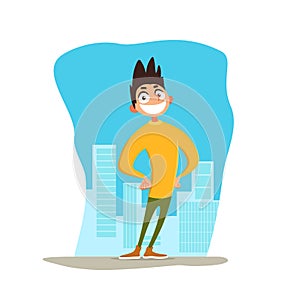 Peppy young man stay against background of the city. Cheerful smiling guy on sunny day. Emotional condition. Vector illustration