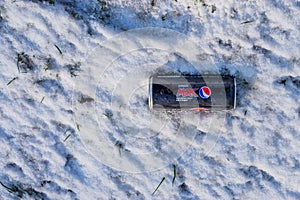 Pepsi max can laying the ice cold snow, refreshing drinks, Fizzy soft drink, Roosendaal, The netherlands, 23 january, 2019