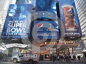 Pepsi Official Soft Drink of Super Bowl XLVIII billboard on Broadway during Super Bowl XLVIII week in Manhattan
