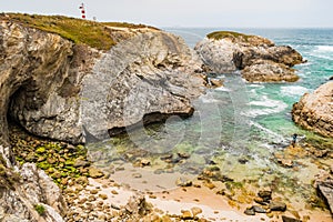 Pequena beach with cliff and rocks and clear water in Porto Covo, Sines PORTUGAL