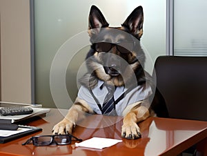 Per dog working in office. Concept of officer, chairman, chief or boss. AI generated image