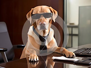 Per dog working in office. Concept of officer, chairman, chief or boss. AI generated image