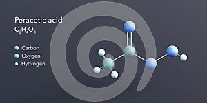 peracetic acid molecule 3d rendering, flat molecular structure with chemical formula and atoms color coding