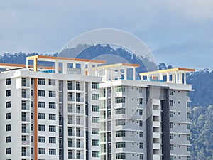 Perak, Malaysia- December 12, 2017 : Closeup of commercial building under construction at Meru, Perak. Selective focus and crop fr