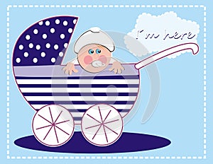 Perambulator with baby boy, creative vector illustration