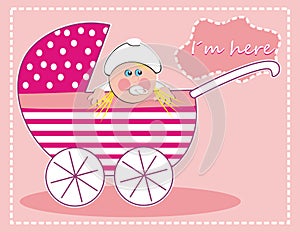 Perambulator with baby girl, creative vector illustration