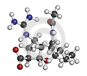 Peramivir influenza drug molecule neuraminidase inhibitor. Atoms are represented as spheres with conventional color coding:. photo