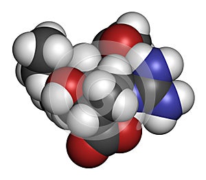 Peramivir influenza drug molecule neuraminidase inhibitor. Atoms are represented as spheres with conventional color coding:. photo