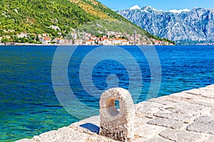 Perast old town, view from the pier near Church of Our Lady of the Rocks, Montenegro