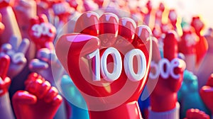 The percent on cheering on its friends from the sidelines holding a giant foam finger with the number 100 on it