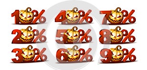 Percent discount icon with Scary Jack O Lantern halloween pumpkin.