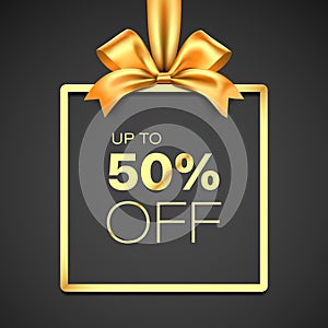 50 percent discount luxury vector gift card design. Golden giftbox with ribbon on black background.