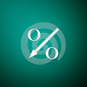 Percent down arrow icon isolated on green background. Decreasing percentage sign. Flat design. Vector