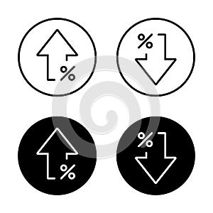 Percent growth decline arrow icon on black circle. Increase and decrease percentage sign symbol