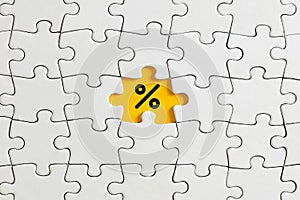 Percent icon on missing puzzle piece. Sale, discount, tax or financial interest