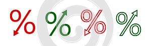 Percent icon. Percentage with arrow to down and up. Decrease and increase of interest rate. Symbol of loss or growth of price,