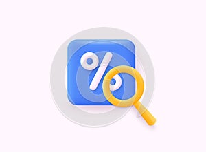 Percent with magnificent glass. Interest low price 3d percent discount vector icon. 3D Web Vector Illustrations