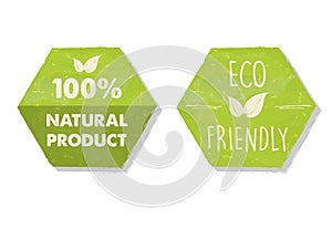 100 percent natural and eco friendly with leaf sign in green hex photo