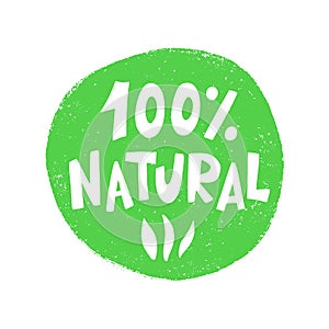 100 Percent Natural food green sign, organic vector stamp sticker