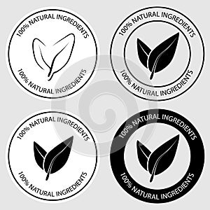 100 percent natural round icons. Set of round stamps with leaves inside for product with natural ingredients. Healthy foods badges