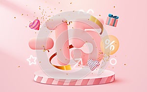 15 percent Off. Discount creative composition. 3d sale symbol with decorative objects, balloons, golden confetti, podium