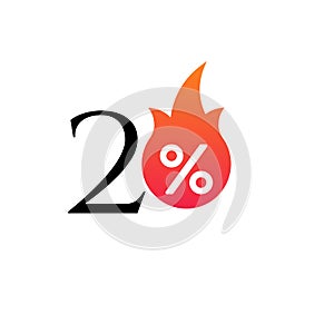 20 percent off with the flame, burning sticker, label or icon. Hot Sale flame and percent sign label, sticker. special offer, big