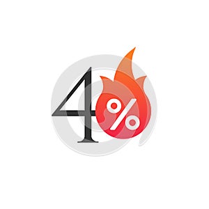 40 percent off with the flame, burning sticker, label or icon. Hot Sale flame and percent sign label, sticker. special offer, big