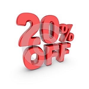 20 percent off promotion. Discount sign. Red text is isolated on white.