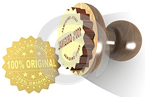 100 percent original word on golden seal with wooden stamp