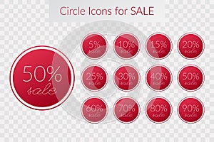 5 10 15 20 25 30 40 50 60 70 80 90 percent sale circle symbol. Vector isolated icon on transparent background. Sign for discount, photo
