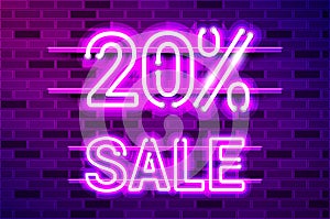 20 percent SALE glowing purple neon lamp sign photo