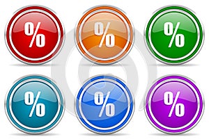 Percent, sale silver metallic glossy icons, set of modern design buttons for web, internet and mobile applications in 6 colors