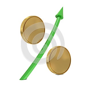 Percent sign with golden coins and green arrow