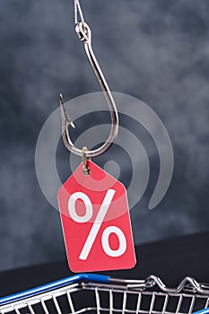 Percent sign with handcuffed shopping basket
