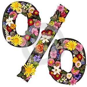 Percent sign made of real natural flowers and leaves on transparent background.