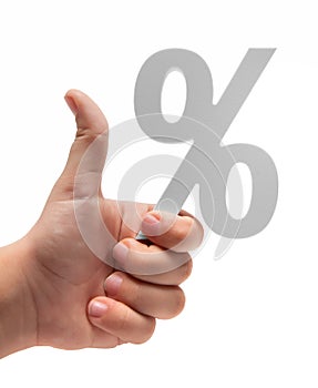 The percent sign is white in the hand and the thumb is up.