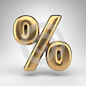 Percent symbol on white background. Golden 3D sign with gloss metal texture.