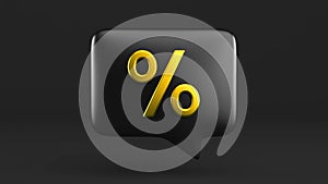 Percent tag offer promotion message bubble icon on black background. Price discount gold emblem for sales. 3d rendering