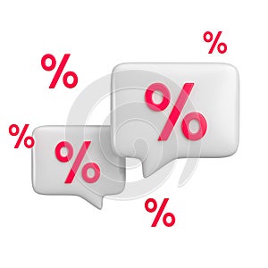 Percent tags offer promotion message bubbles icon isolated. Price discount red and white emblems for sales. 3d rendering