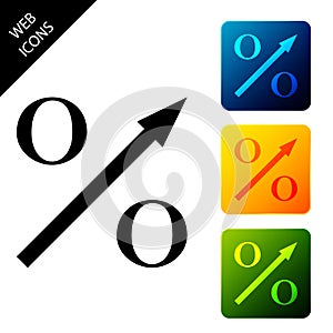 Percent up arrow icon isolated. Increasing percentage sign. Set icons colorful square buttons