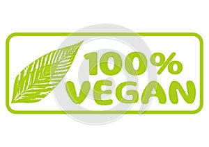 100 percent vegan icon. Vegetarian, organic food label badge with leaf. Green natural vegan symbol, isolated on white background.