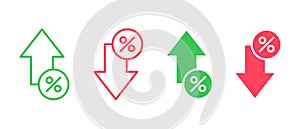 Percentage arrow up and down vector icon set. Cost reduction and increase symbol. Financial icon collection for banking, credit,