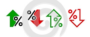 Percentage growth and decline icons. Percent arrow up and down flat style symbols - vector