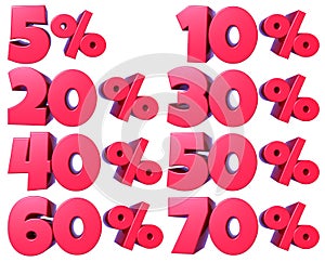 Percentage numbers in red for discount sales, for banners and showcases, for web and print, with transparent png file attached.